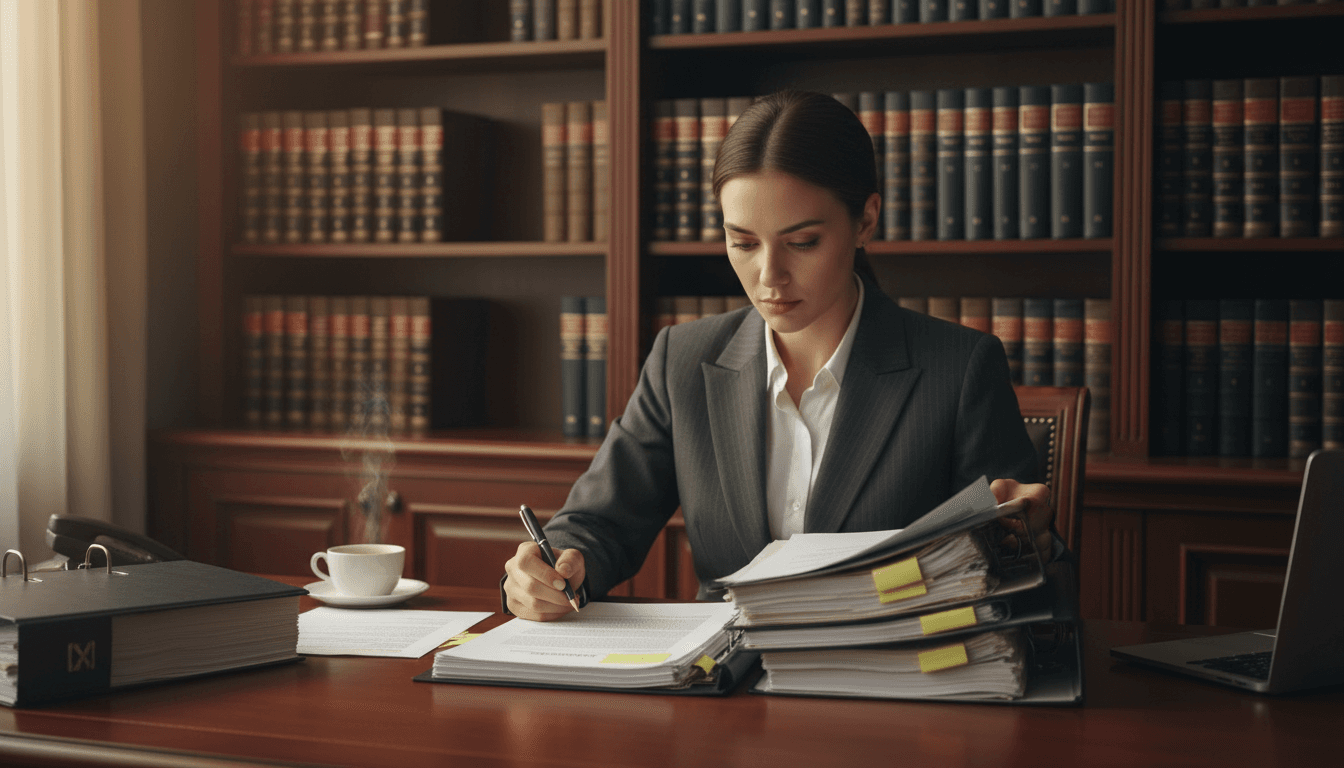 Attorney reviewing debt collection case files at office desk