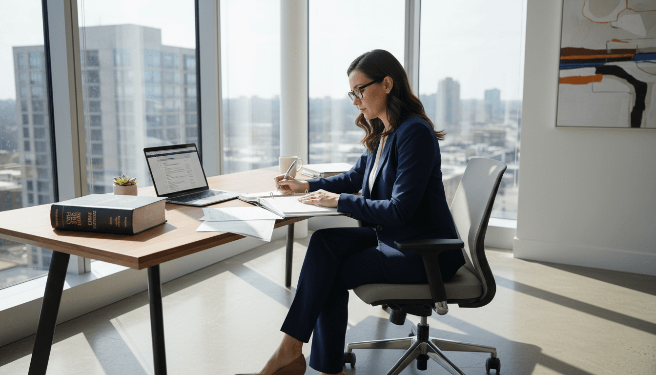Attorney reviewing legal documents at office desk