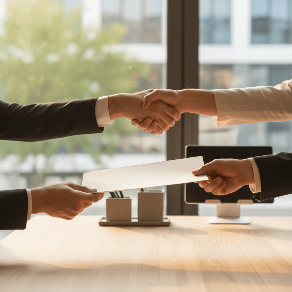Business professionals shaking hands over debt recovery agreement