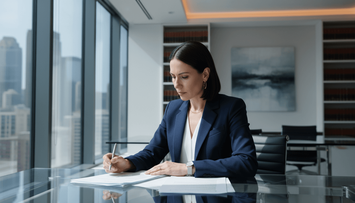 Professional attorney at desk reviewing legal documents in modern office setting