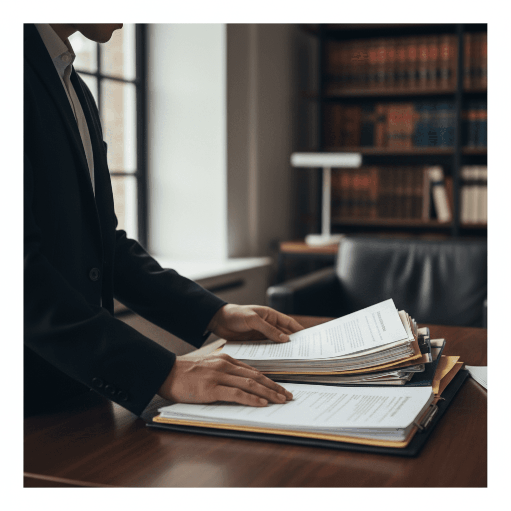 Professional attorney reviewing case documents in bright modern law office
